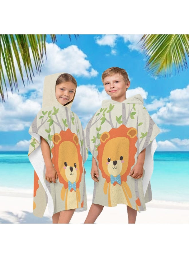 Kids' Quick-Dry Hooded Poncho Towel, Cartoon Lion Print, Beach & Swim - Image 5