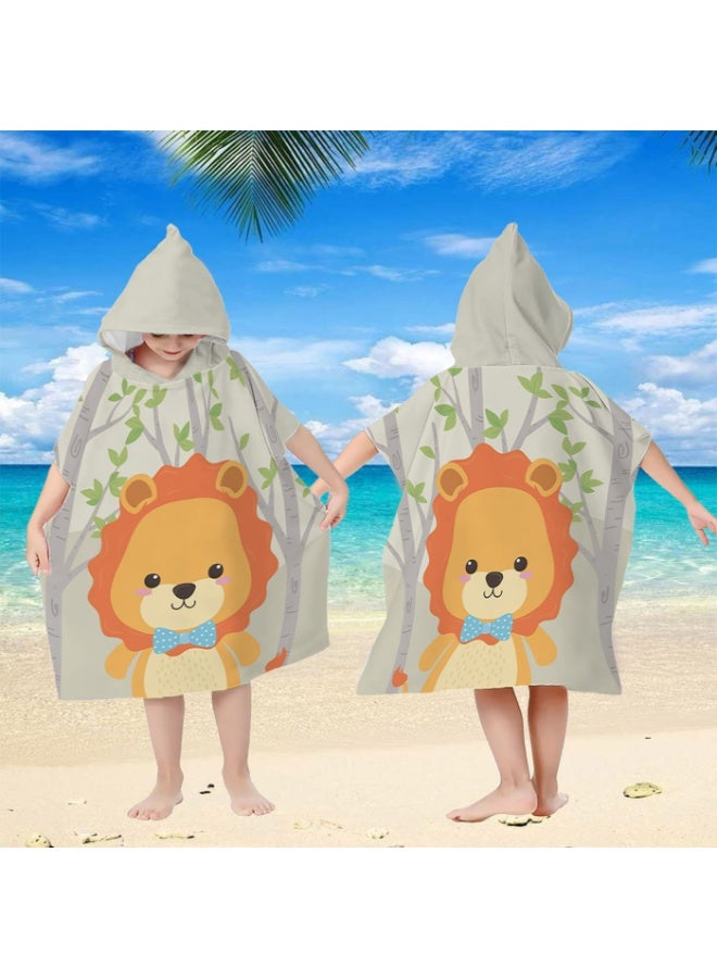 Kids' Quick-Dry Hooded Poncho Towel, Cartoon Lion Print, Beach & Swim - Image 3