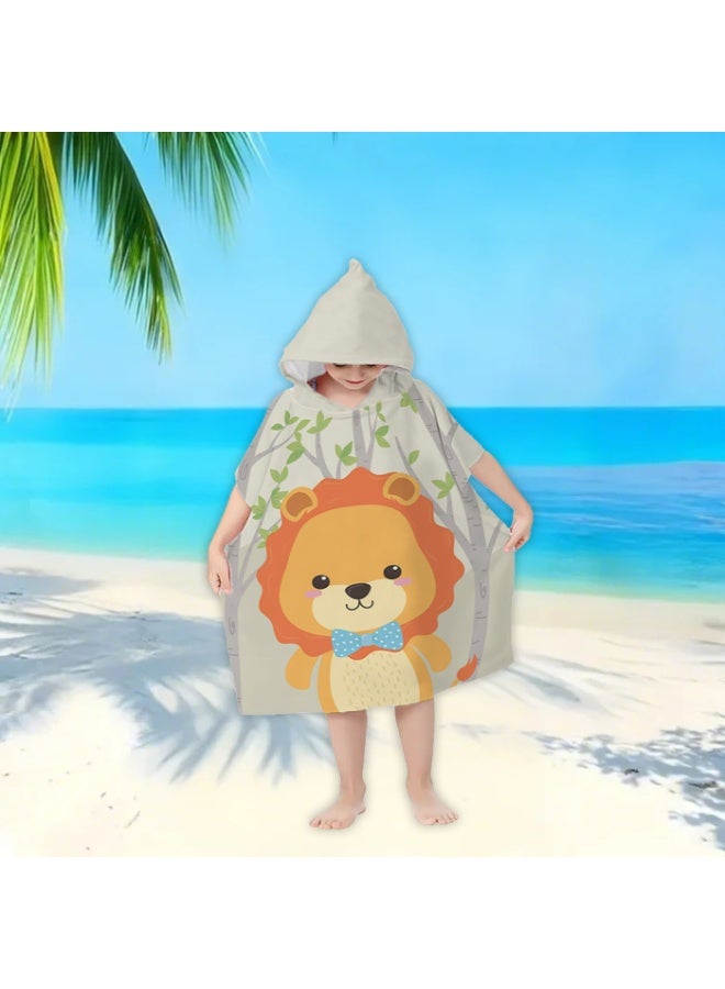 Kids' Quick-Dry Hooded Poncho Towel, Cartoon Lion Print, Beach & Swim - Image 1