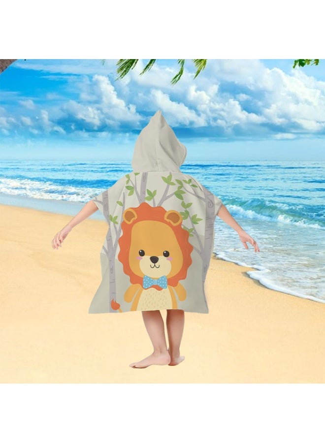 Kids' Quick-Dry Hooded Poncho Towel, Cartoon Lion Print, Beach & Swim - Image 2