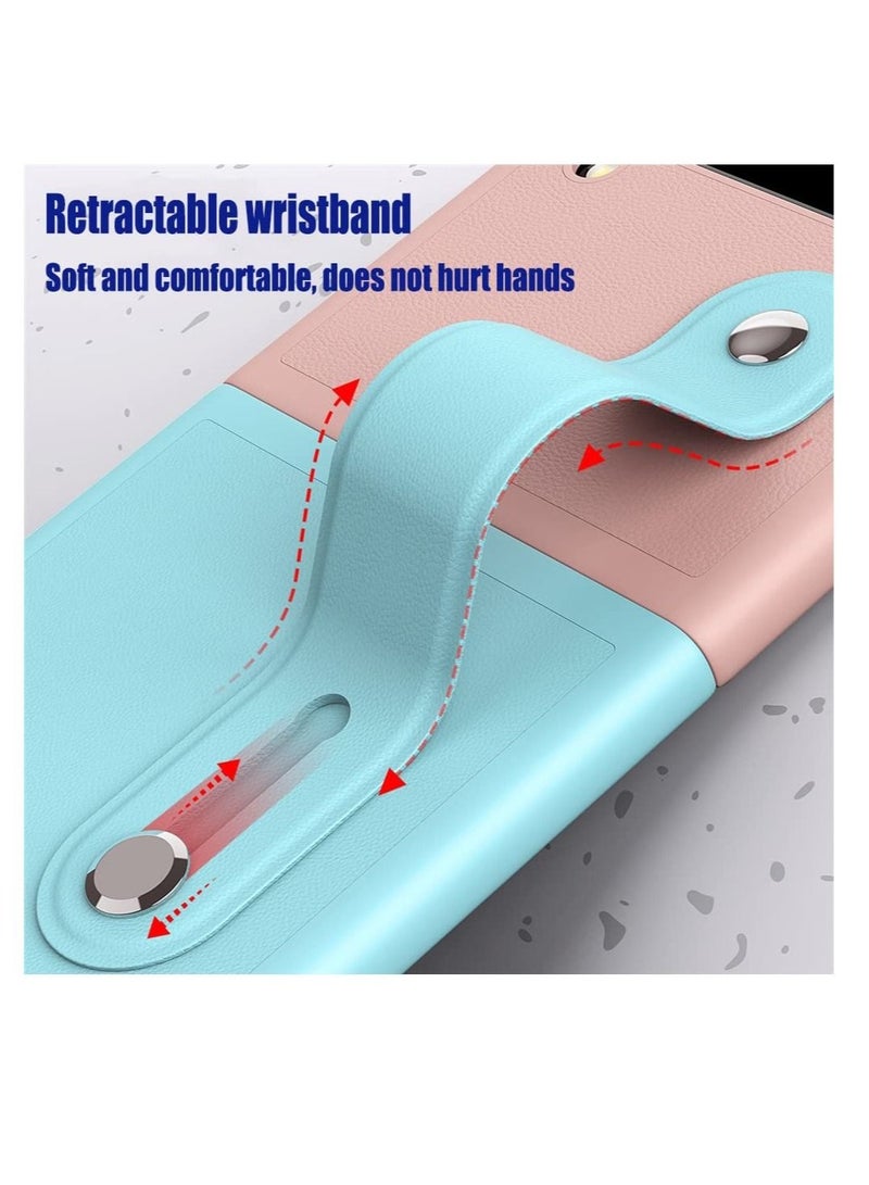 Captaintech Mobile Phone Protective Case, for Z Flip 3 5G 2021 with Hand Strap Cover PU Leather Compatible with Fit for Samsung Galaxy Z Flip 3 5G Case Wristband Plastic PC (Pink Blue) - Image 2