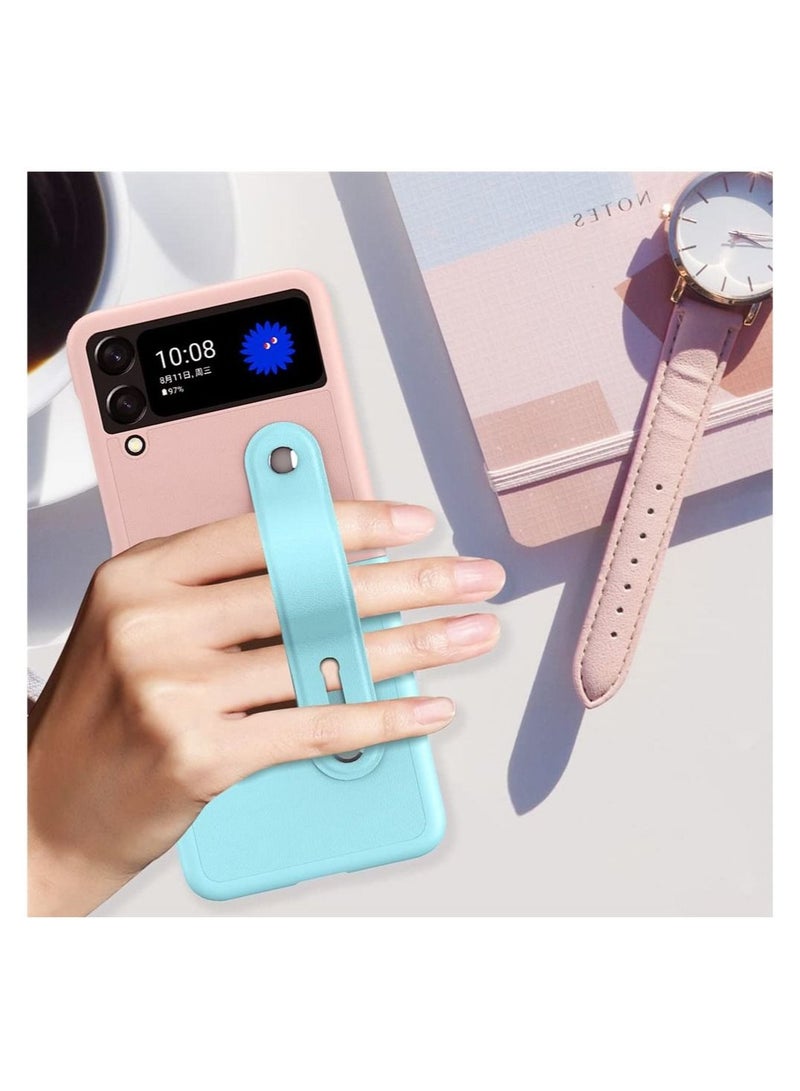 Captaintech Mobile Phone Protective Case, for Z Flip 3 5G 2021 with Hand Strap Cover PU Leather Compatible with Fit for Samsung Galaxy Z Flip 3 5G Case Wristband Plastic PC (Pink Blue) - Image 3