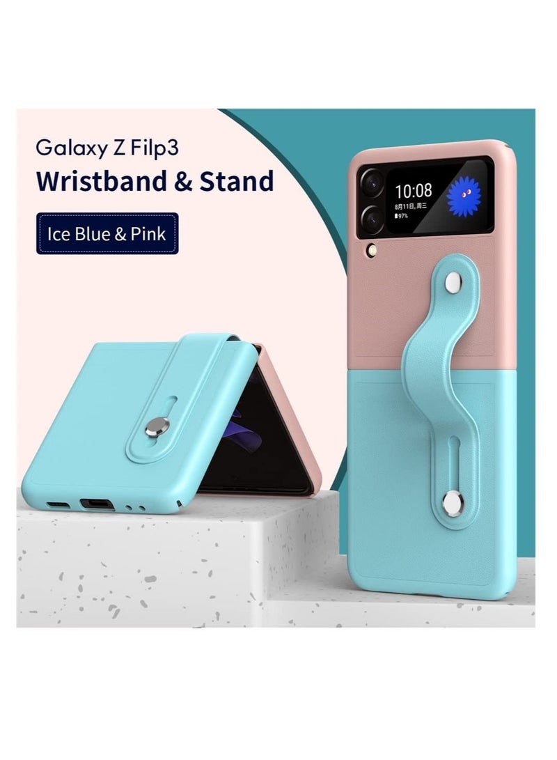 Captaintech Mobile Phone Protective Case, for Z Flip 3 5G 2021 with Hand Strap Cover PU Leather Compatible with Fit for Samsung Galaxy Z Flip 3 5G Case Wristband Plastic PC (Pink Blue) - Image 5