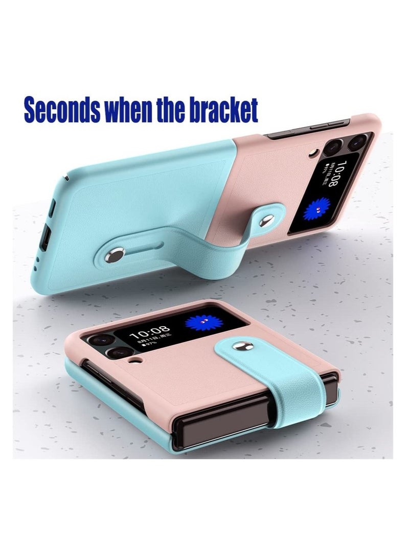 Captaintech Mobile Phone Protective Case, for Z Flip 3 5G 2021 with Hand Strap Cover PU Leather Compatible with Fit for Samsung Galaxy Z Flip 3 5G Case Wristband Plastic PC (Pink Blue) - Image 4