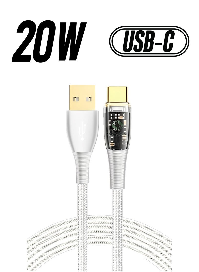 USB Cable to Type C Fast Charging Cable Transparent Adapter Fast Charging Cable White 1M