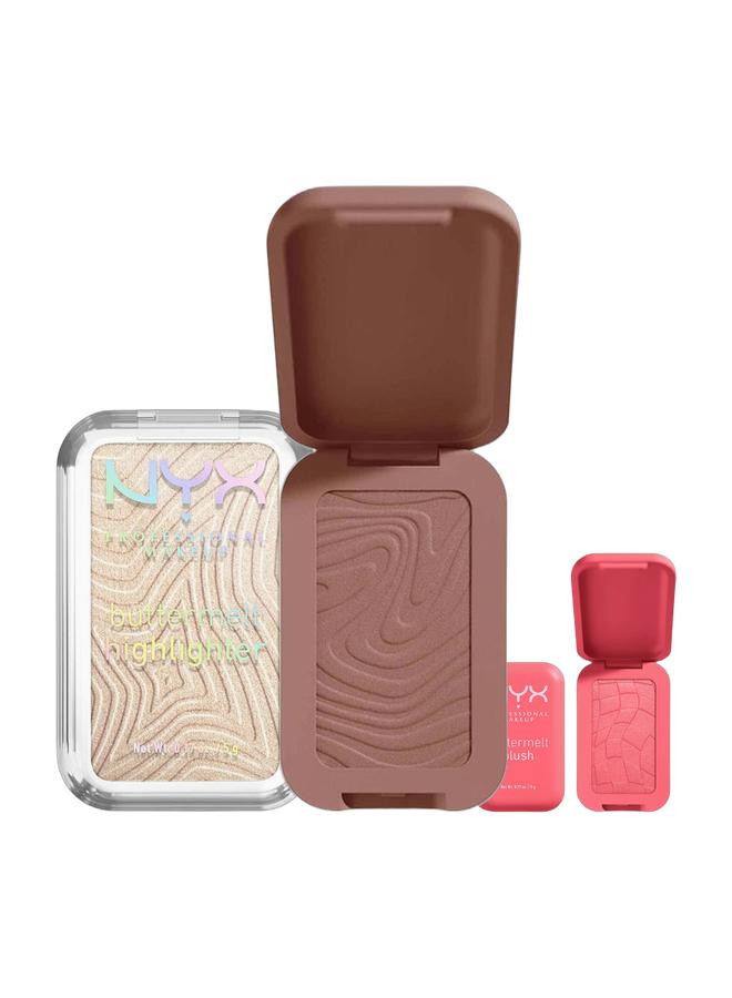 NYX PROFESSIONAL MAKEUP Buttermelt Bronzer, Powder Bronzer, 12 HR Wear, Fade Resistant & Transfer Resistant, Buildable, Vegan, Shade - All Butta'd Up & Buttermelt Blush, Powder Blush, Up To 12 H Wear, Fade & Transfer Resistant, U Know Butta & Buttermelt Highlighter Powder Highlighter 12 HR Wear Fade And Transfer Resistant Bright And Butta Bundle - Image 1