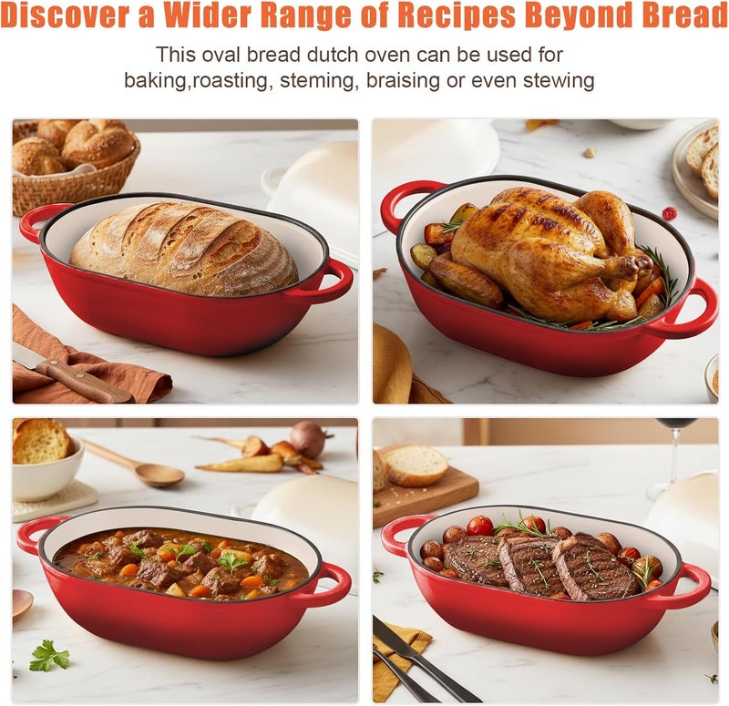 NSIRONS Enameled Cast Iron Bread Oven, 5QT Loaf Cast Iron Bread Pan with Lid, Oval Dutch Oven for Homemade Bread Baking (Gradient Red) - Image 5