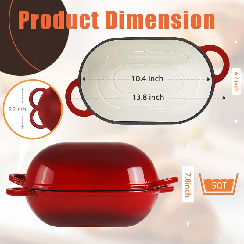 NSIRONS Enameled Cast Iron Bread Oven, 5QT Loaf Cast Iron Bread Pan with Lid, Oval Dutch Oven for Homemade Bread Baking (Gradient Red) - Image 2