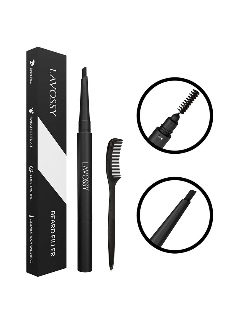 LAVOSSY Beard Pencil Filler for Men - Long Lasting and Easy to Use Beard Pen with blending brush results in a sleek & natural look, Water/Sweat Proof beard filler (1 Count (Pack of 1), Black) 