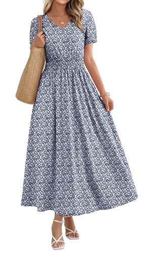 OFEEFAN Floral Maxi Dresses for Women Ladies Summer Midi Sundresses Long Casual Dress Spring Beach Vacation Outfits Fashion Clothing 2026 Trendy Resort Wear A Line Flowy Grey Blue M - Image 1