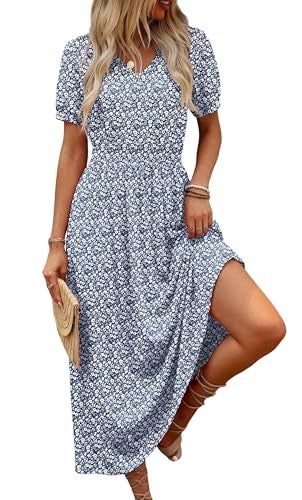 OFEEFAN Floral Maxi Dresses for Women Ladies Summer Midi Sundresses Long Casual Dress Spring Beach Vacation Outfits Fashion Clothing 2026 Trendy Resort Wear A Line Flowy Grey Blue M - Image 3