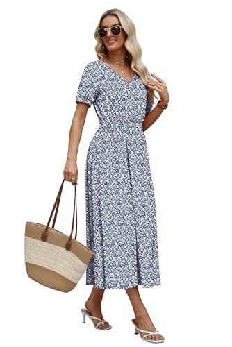 OFEEFAN Floral Maxi Dresses for Women Ladies Summer Midi Sundresses Long Casual Dress Spring Beach Vacation Outfits Fashion Clothing 2026 Trendy Resort Wear A Line Flowy Grey Blue M - Image 4