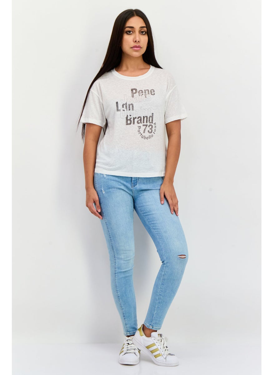 Pepe Jeans - Women Round Neck Short Sleeve Graphic Print T-Shirt, Off-White Combo - Image 1