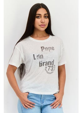 Women Round Neck Short Sleeve Graphic Print T-Shirt, Off-White Combo
