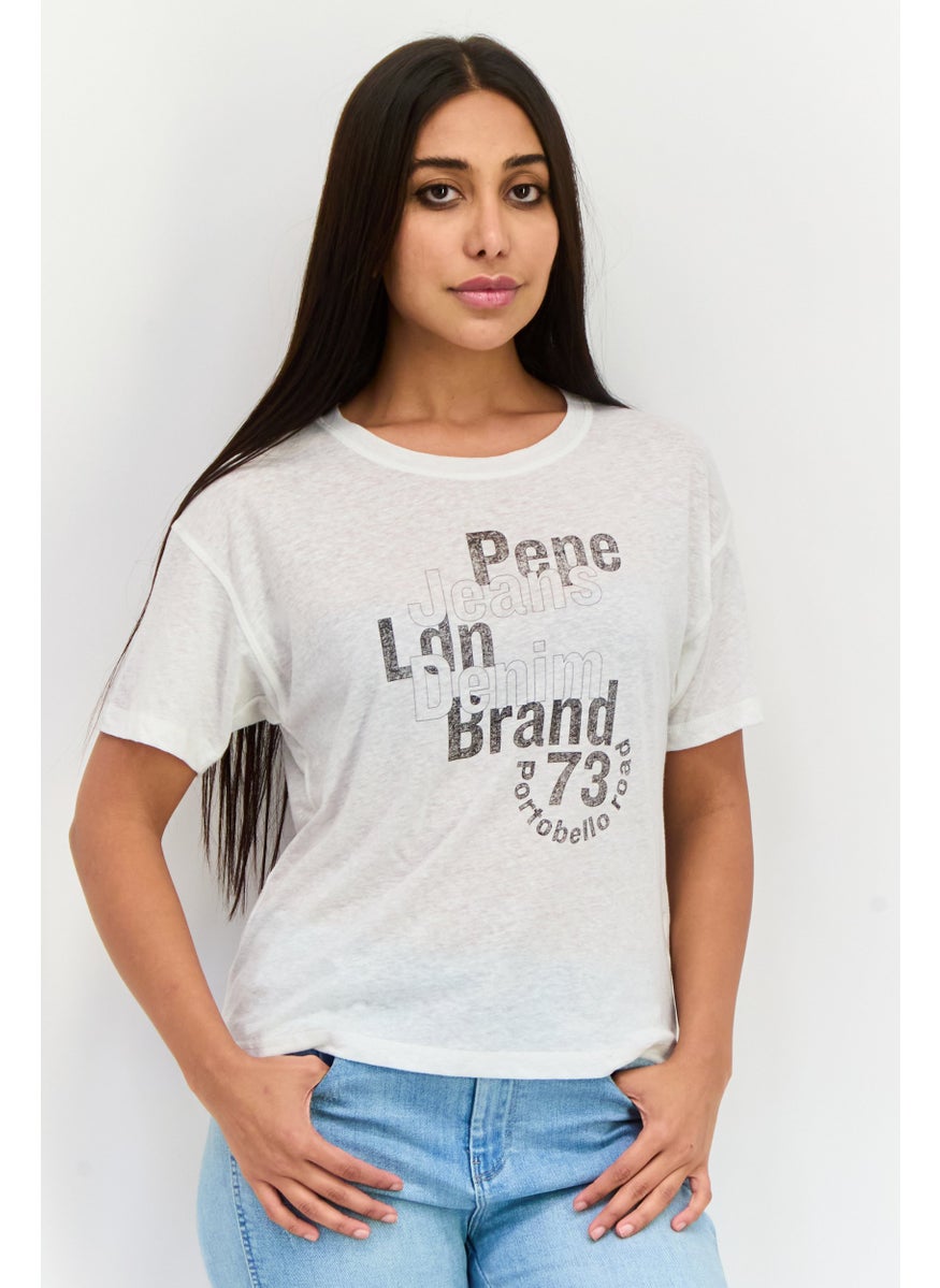 Pepe Jeans - Women Round Neck Short Sleeve Graphic Print T-Shirt, Off-White Combo - Image 1
