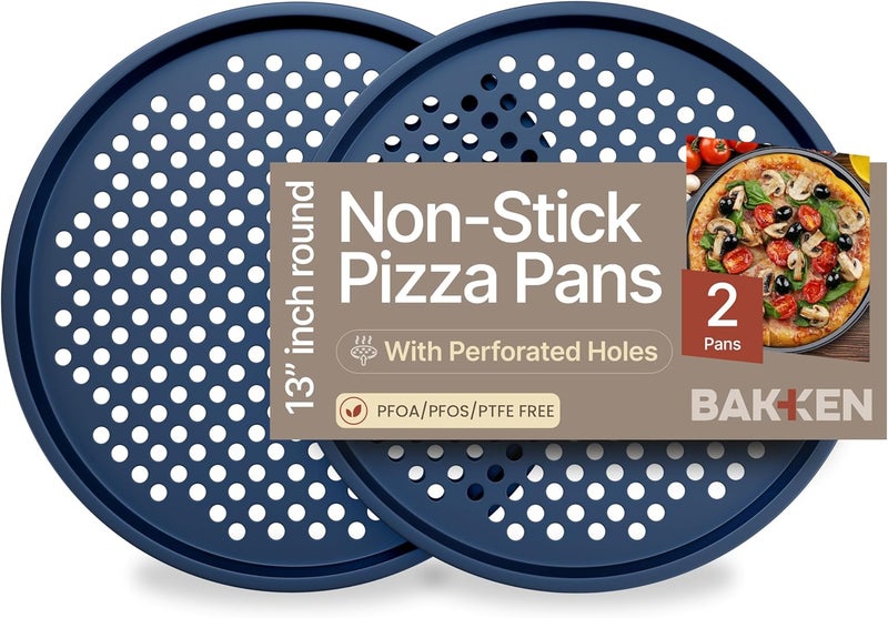 BAKKENMASTER Bakken Pizza Baking Pan - Round Perforated Carbon Steel Pan with Non-Stick Marble Coating, Oversized Silicone Handle, Dishwasher Safe, High-Temperature Resistant, Durable & Easy Cleanup - Blue, 2 Pack - Image 1