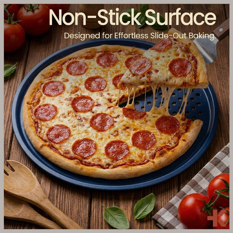 BAKKENMASTER Bakken Pizza Baking Pan - Round Perforated Carbon Steel Pan with Non-Stick Marble Coating, Oversized Silicone Handle, Dishwasher Safe, High-Temperature Resistant, Durable & Easy Cleanup - Blue, 2 Pack - Image 3