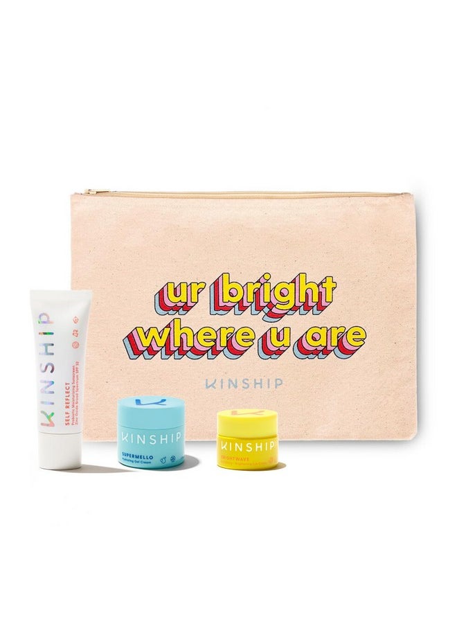 Kinship Kinship Gift Bundle - Self Reflect SPF, Supermello Moisturizer, Brightwave Vitamin C Eye Cream + Cosmetic Bag - 100% Mineral Sunscreen, Gel Cream + Hyaluronic Acid, Reduce Fine Lines + Under Eye Bags  - Image 1