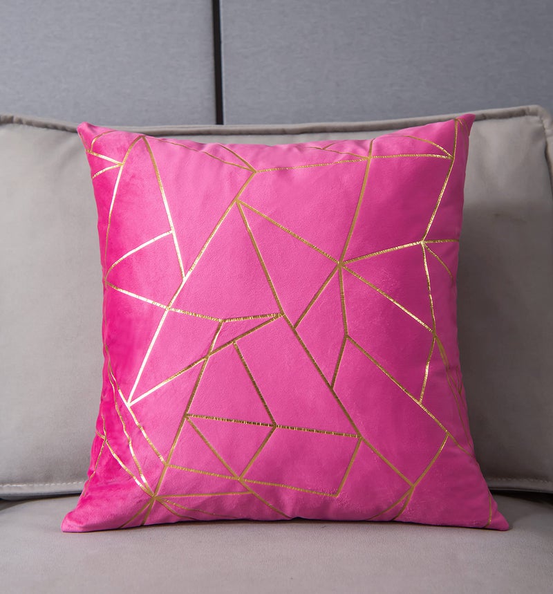 YONGLIU YONGLIU 2 Packs Velvet Cushion Cases Decorative Gold Foil Geometric Pattern Soft Square Throw Pillow Covers for Modern Homes Couch Sofa Bedroom Living Room Car(Super Pink  and Gold 18X18 )  - Image 2