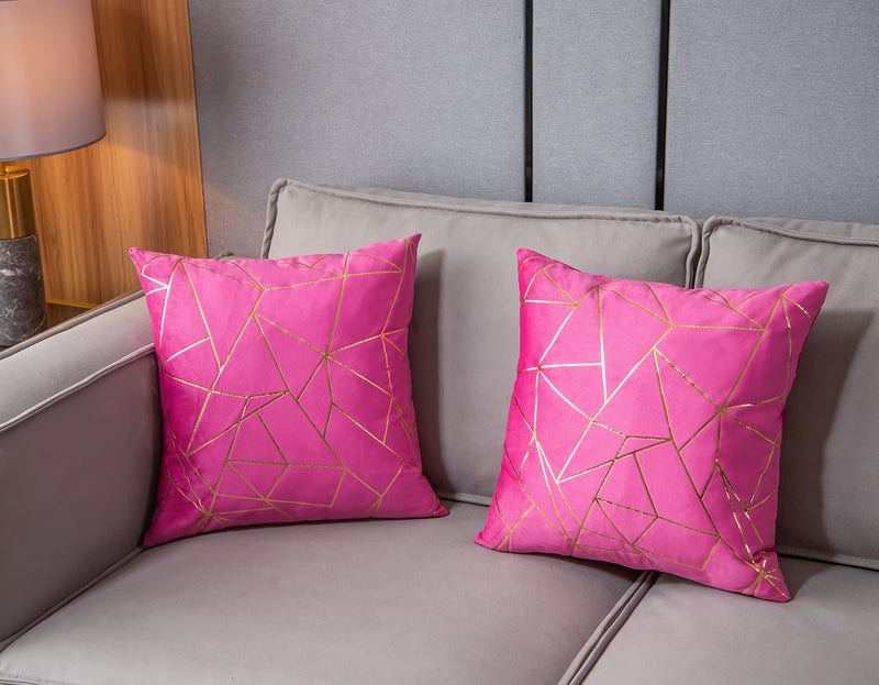 YONGLIU YONGLIU 2 Packs Velvet Cushion Cases Decorative Gold Foil Geometric Pattern Soft Square Throw Pillow Covers for Modern Homes Couch Sofa Bedroom Living Room Car(Super Pink  and Gold 18X18 )  - Image 3