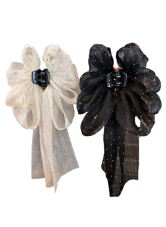 Samyak 2 Pcs Fashion Hair Claw with Long Tail Ribbon Big Bow Hair Clutcher Accessory For Women & Girls - Image 1