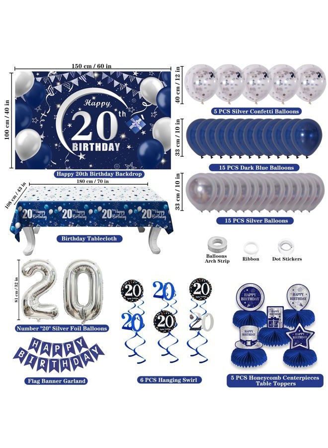 Nigifter 20th Birthday Decorations Blue and Silver for Boys Girls, Happy Birthday Balloons Set for Boys Girls with Bday Tablecloth Banner Honeycomb Centerpieces Table Toppers Swirls for 20th - Image 2