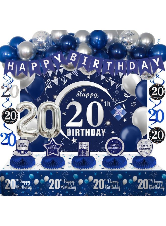 Nigifter 20th Birthday Decorations Blue and Silver for Boys Girls, Happy Birthday Balloons Set for Boys Girls with Bday Tablecloth Banner Honeycomb Centerpieces Table Toppers Swirls for 20th - Image 1