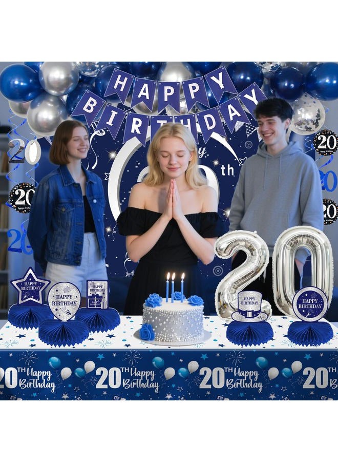 Nigifter 20th Birthday Decorations Blue and Silver for Boys Girls, Happy Birthday Balloons Set for Boys Girls with Bday Tablecloth Banner Honeycomb Centerpieces Table Toppers Swirls for 20th - Image 5