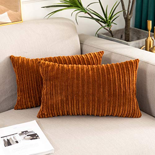 UGS UGASA UGASA Corduroy Striped Soft Soild Decorative Throw Pillow Covers Set Cushion Cases Pillowcases for Sofa Bedroom, 2 Pcs, 12x20inch, Brown - Image 1