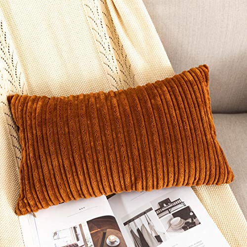 UGS UGASA UGASA Corduroy Striped Soft Soild Decorative Throw Pillow Covers Set Cushion Cases Pillowcases for Sofa Bedroom, 2 Pcs, 12x20inch, Brown - Image 2