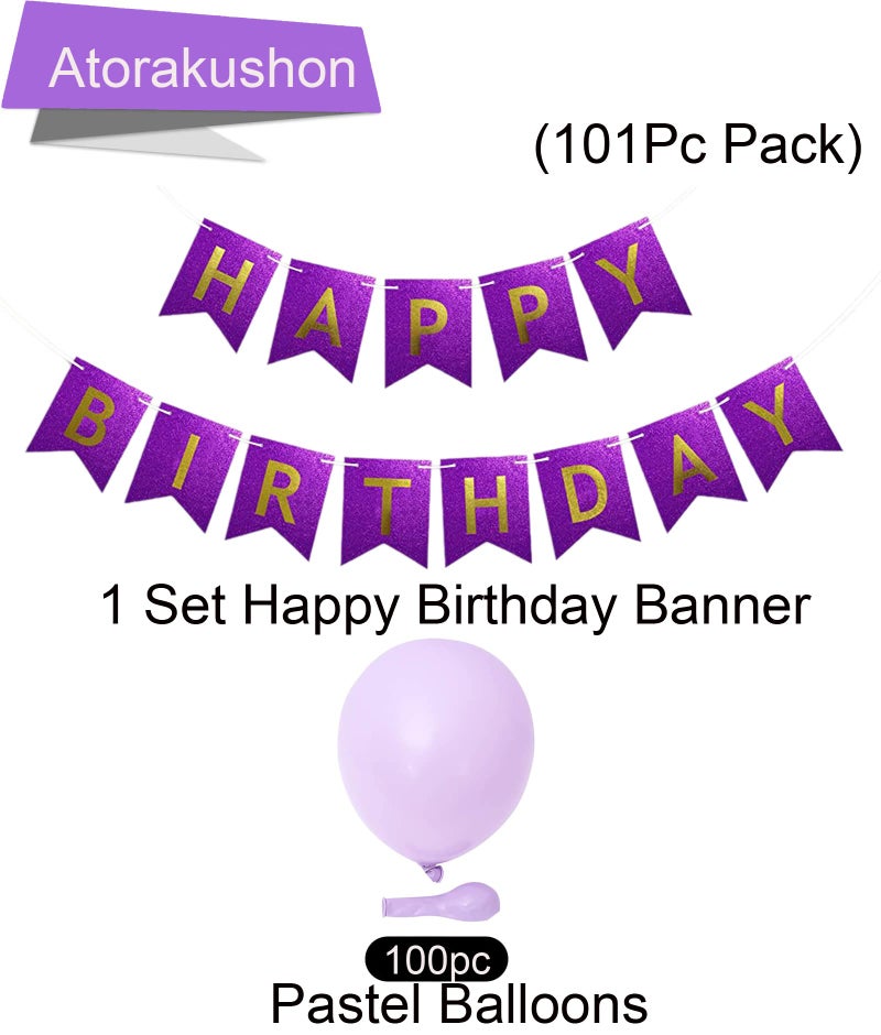 atorakushon Purple and Golden Happy Birthday Paper Banner With 100Pc Purple Pastel Latex Balloons Decoration For Boys Girls Boyfriend Girlfriend Cuple Kids Birthday Celebrations Decorative Items Décor - Image 3