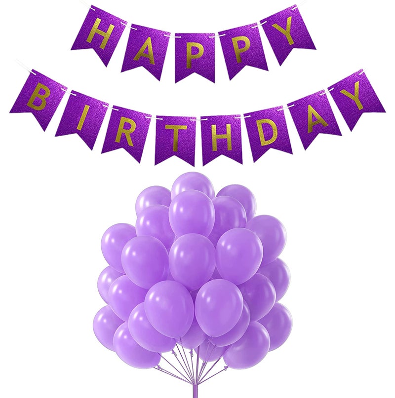 atorakushon Purple and Golden Happy Birthday Paper Banner With 100Pc Purple Pastel Latex Balloons Decoration For Boys Girls Boyfriend Girlfriend Cuple Kids Birthday Celebrations Decorative Items Décor - Image 1