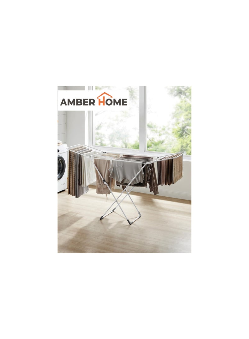 Amber Home Clothes Drying Rack, Metal Laundry Drying Rack, Foldable, Space-Saving, Free-Standing Airer, with 2 Gullwings, Indoor Outdoor Use, Bed Linen Clothing, White - Image 2
