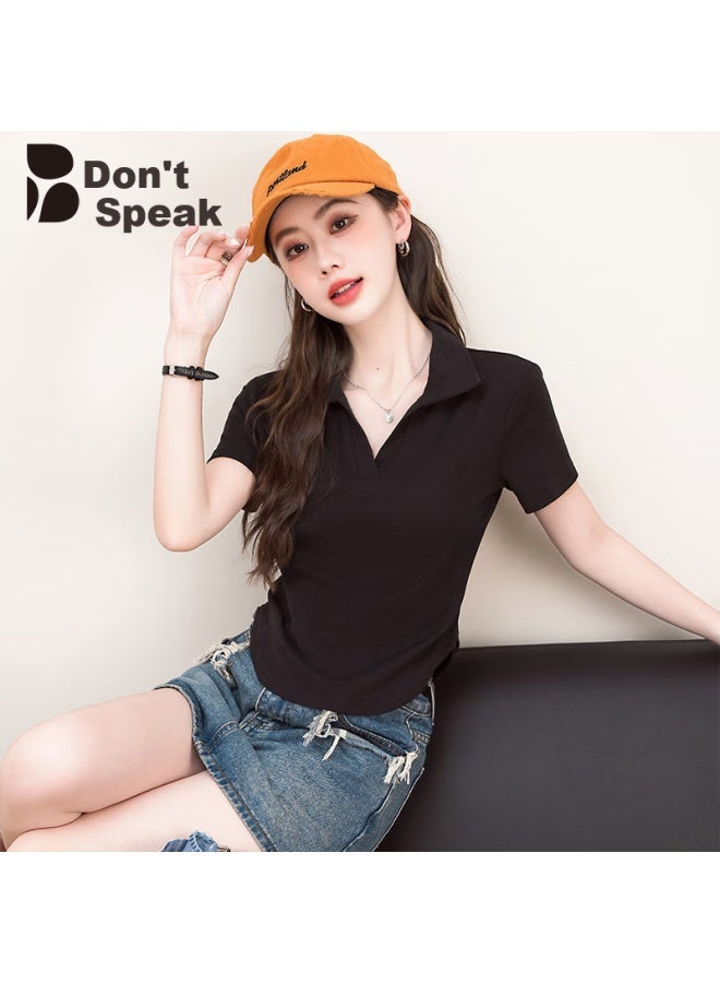 Unique Design Polo Collar Short Sleeve T-shirt For Women Summer New Style Chic Lapel Shoulder Top Black M