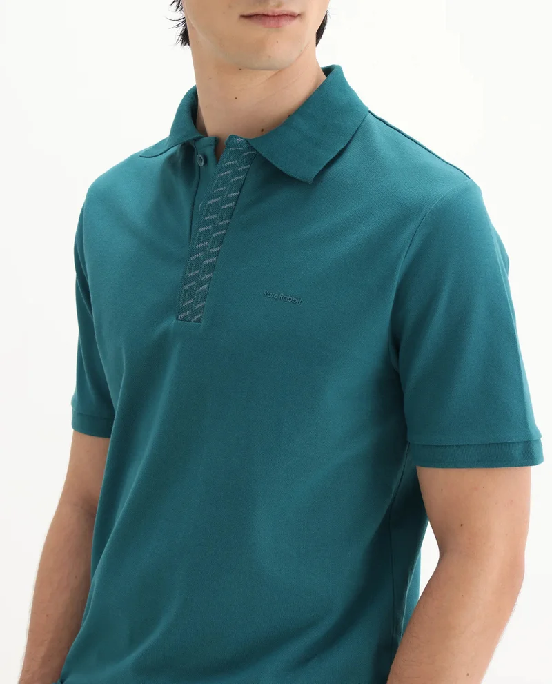 Rare Rabbit Men's Jacquard Placket Solid Cotton Polo