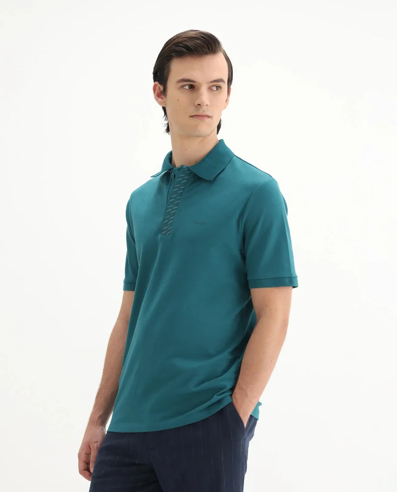 Rare Rabbit Men's Jacquard Placket Solid Cotton Polo
