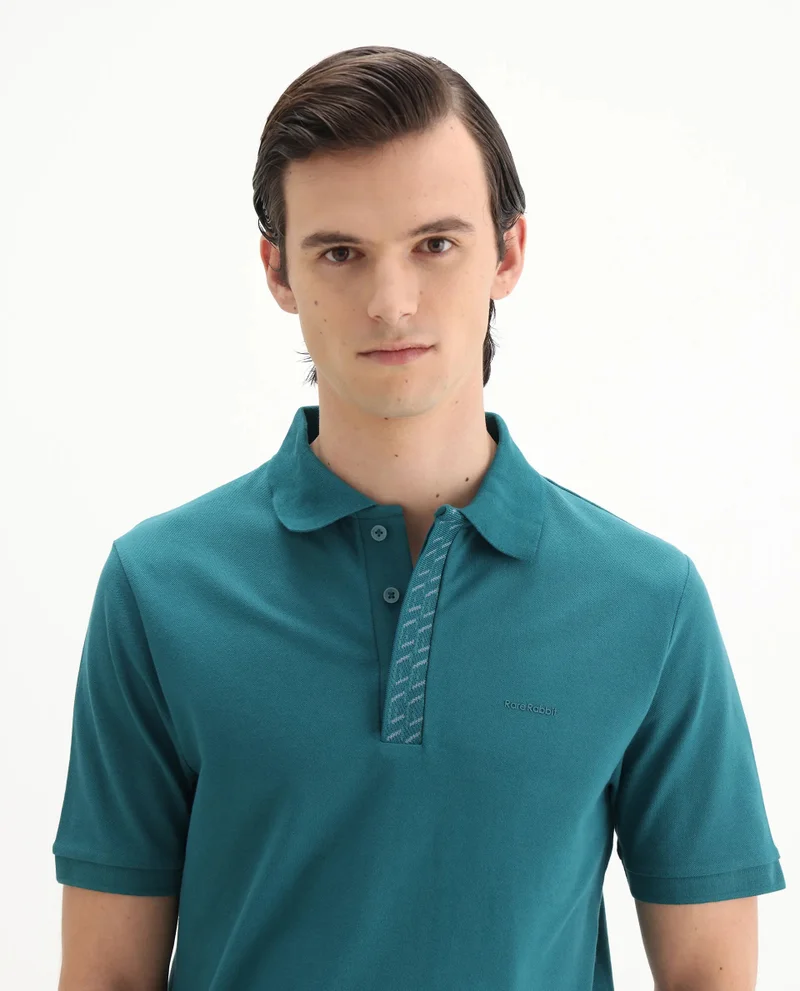 Rare Rabbit Men's Jacquard Placket Solid Cotton Polo
