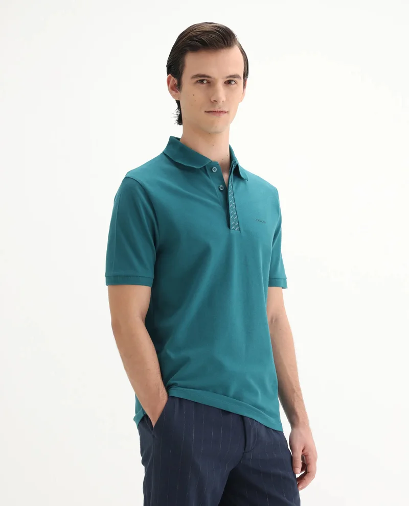 Rare Rabbit Men's Jacquard Placket Solid Cotton Polo