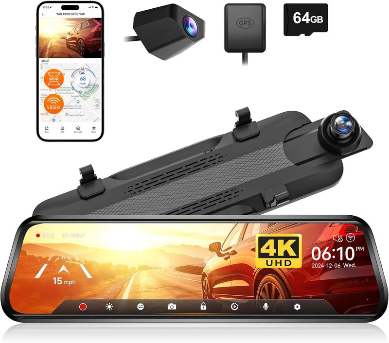 WOLFBOX G930 10'' 4K Rear View Mirror Dash Cam with 5.8GHz WiFi, GPS, and 64GB Card - Image 1