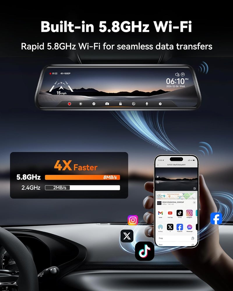 WOLFBOX G930 10'' 4K Rear View Mirror Dash Cam with 5.8GHz WiFi, GPS, and 64GB Card - Image 3