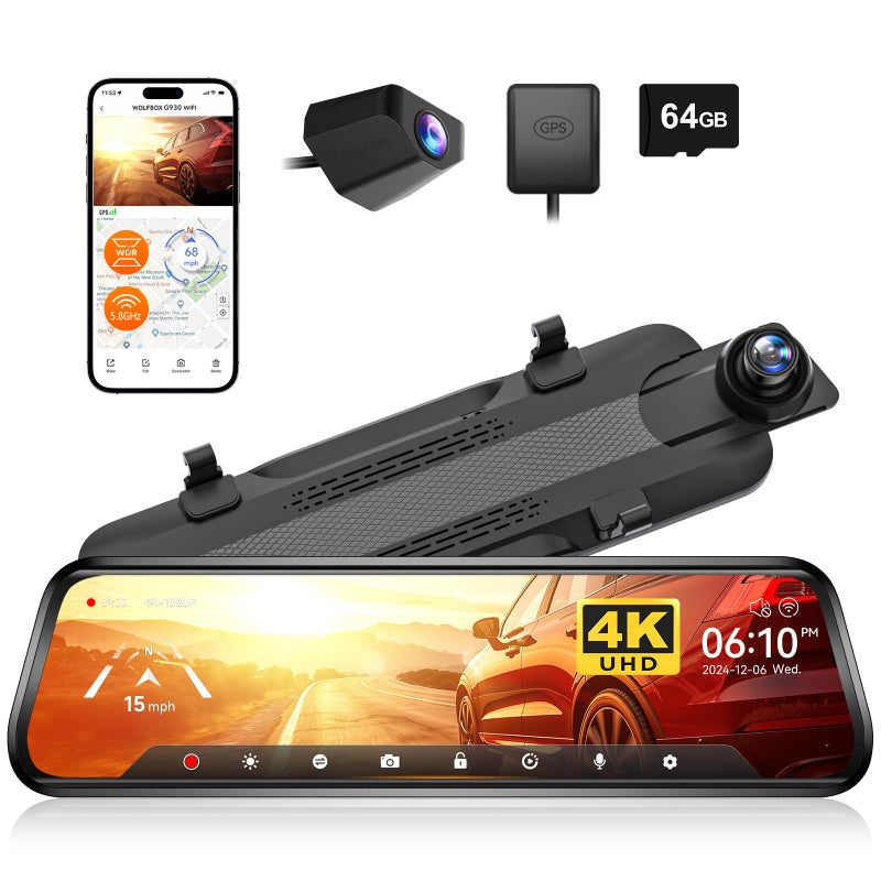 WOLFBOX G930 10 Rear View Mirror Camera with 58GHz WiFi 4K Dash Cam Front and Rear with WDR Touch Screen Rearview Mirror Backup Camera Parking Monitor Reverse Assist Includes 64GB Card GPS - Image 2