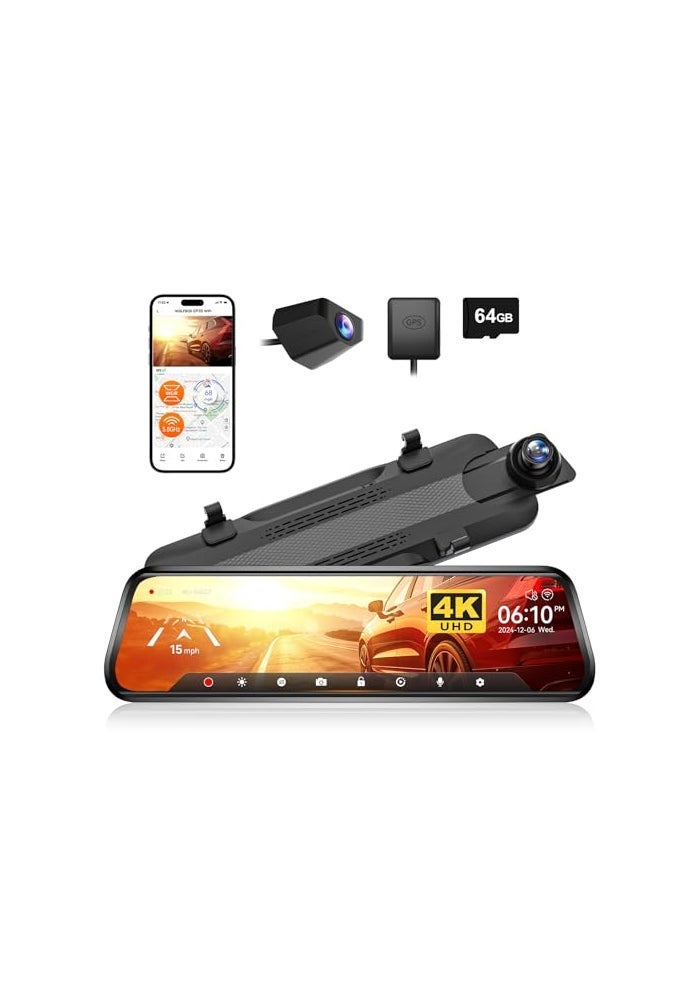WOLFBOX G930 10 Rear View Mirror Camera with 58GHz WiFi 4K Dash Cam Front and Rear with WDR Touch Screen Rearview Mirror Backup Camera Parking Monitor Reverse Assist Includes 64GB Card GPS - Image 1