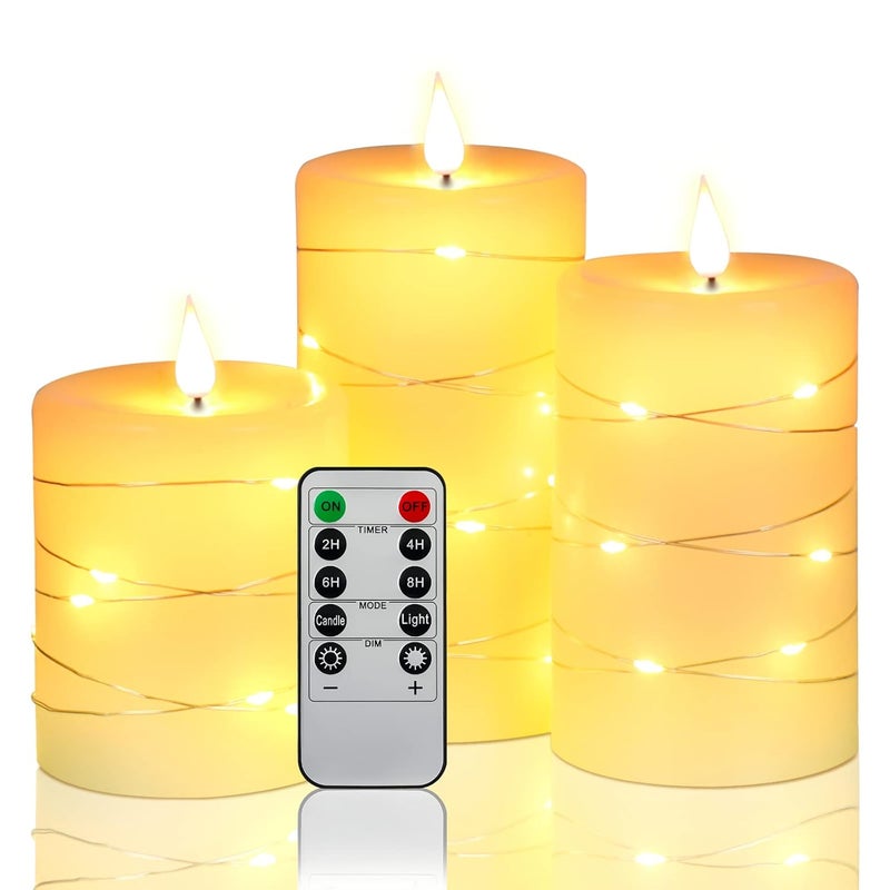 Da by Flameless Candles with String Lights，Battery Operated Candles,LED Flickering Candles with Remote Control and Timer, Real Wax, 3 Pack-Ivory White - Image 1