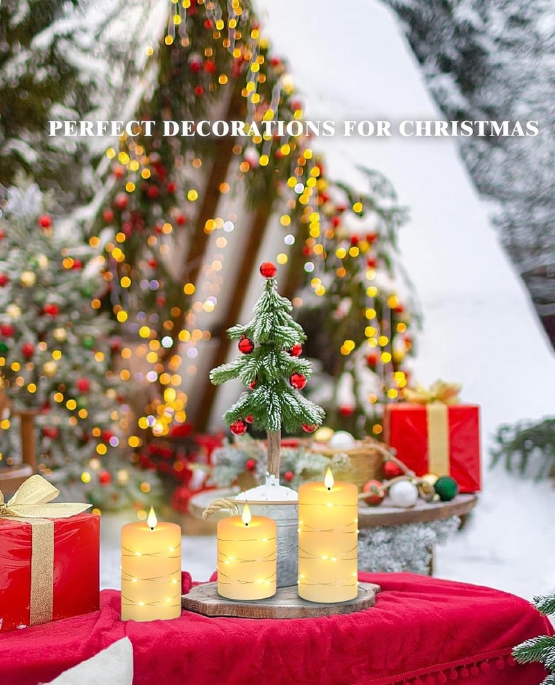 Da by Flameless Candles with String Lights，Battery Operated Candles,LED Flickering Candles with Remote Control and Timer, Real Wax, 3 Pack-Ivory White - Image 2