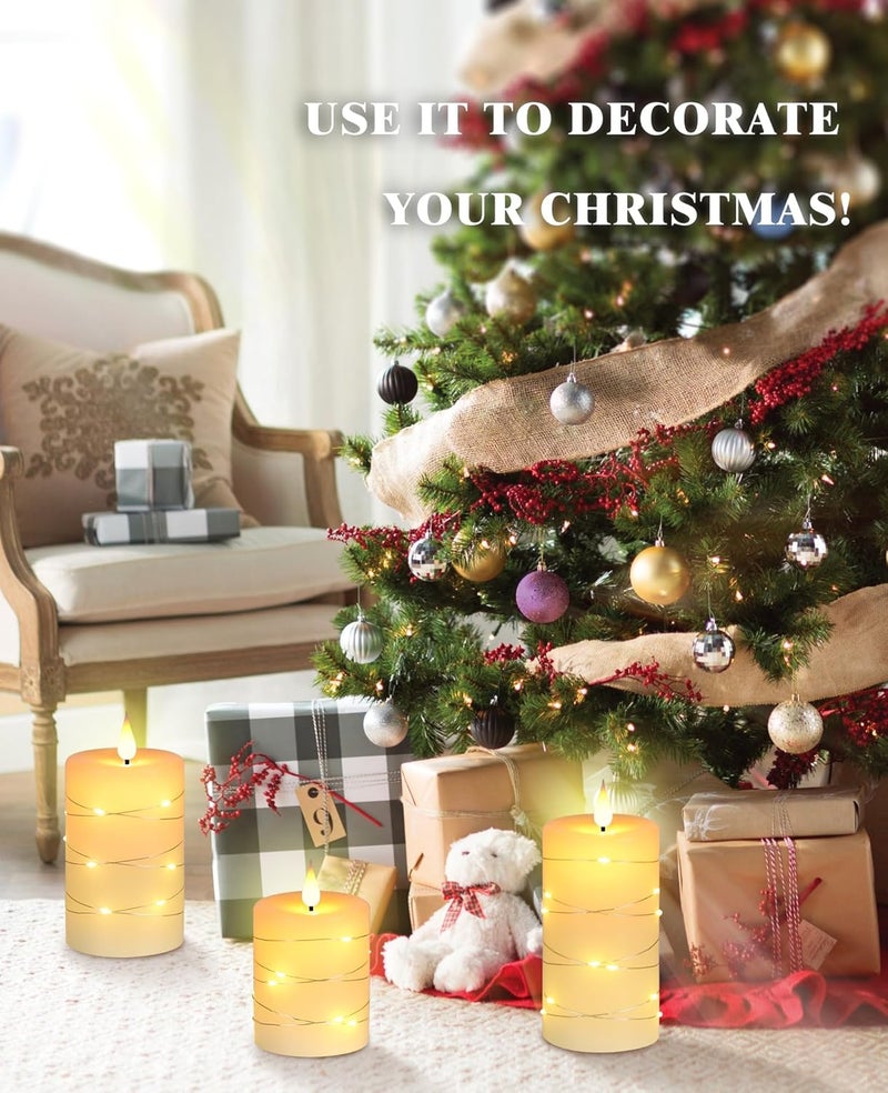 Da by Flameless Candles with String Lights，Battery Operated Candles,LED Flickering Candles with Remote Control and Timer, Real Wax, 3 Pack-Ivory White - Image 3