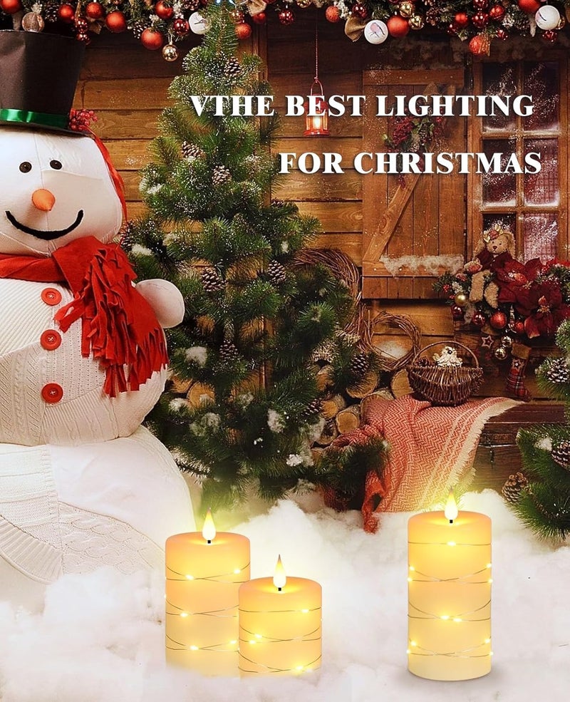 Da by Flameless Candles with String Lights，Battery Operated Candles,LED Flickering Candles with Remote Control and Timer, Real Wax, 3 Pack-Ivory White - Image 4