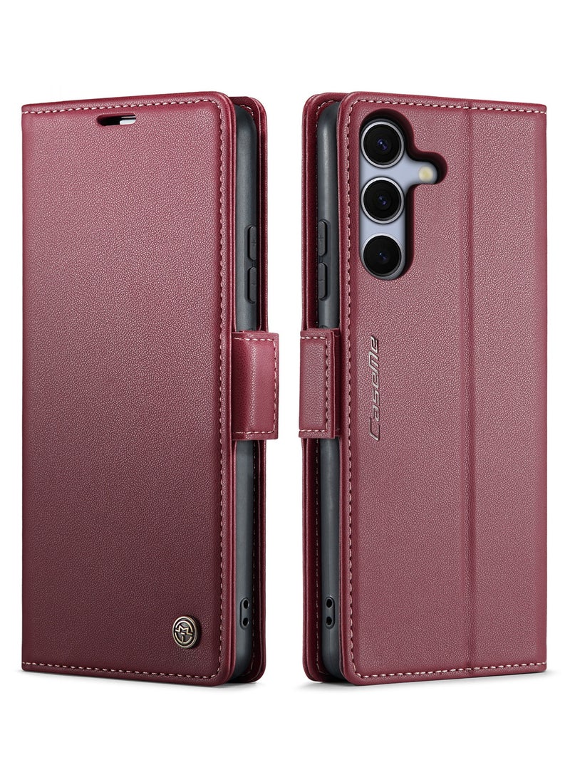 CaseMe Flip Wallet Case For Samsung Galaxy S25 RFID Blocking PU Leather Wallet Flip Folio Case with Card Holder Kickstand Shockproof Phone Cover - Red - Image 1