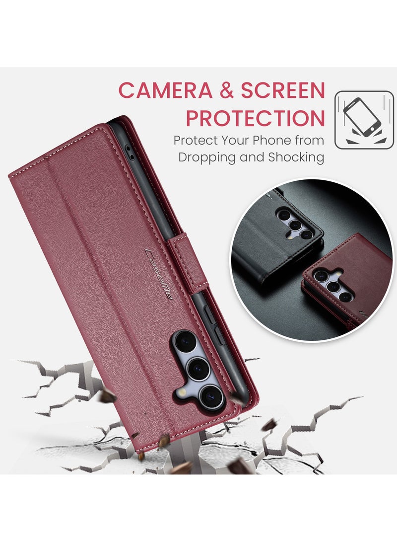 CaseMe Flip Wallet Case For Samsung Galaxy S25 RFID Blocking PU Leather Wallet Flip Folio Case with Card Holder Kickstand Shockproof Phone Cover - Red - Image 3