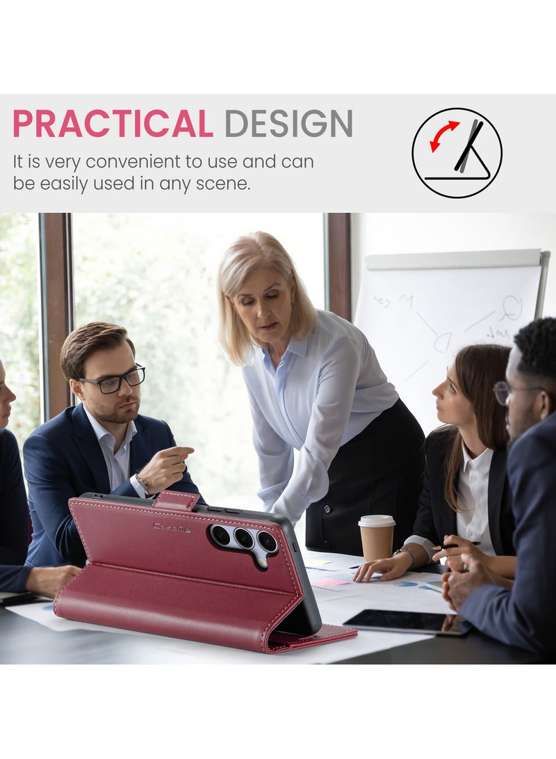 CaseMe Flip Wallet Case For Samsung Galaxy S25 RFID Blocking PU Leather Wallet Flip Folio Case with Card Holder Kickstand Shockproof Phone Cover - Red - Image 4