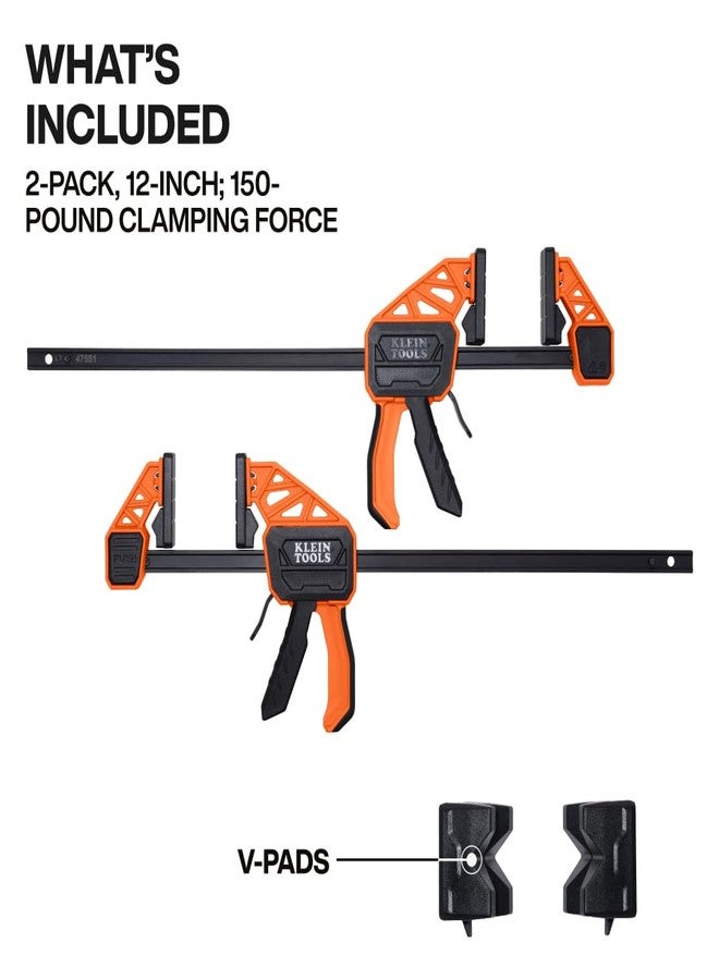 Klein Tools 47551 Speed-Klamp 12-Inch, Clamp/Spreader 2 Pack, 150-Pound Clamping Force, One-Handed-Operation for Woodworking and Metal Projects - Image 2